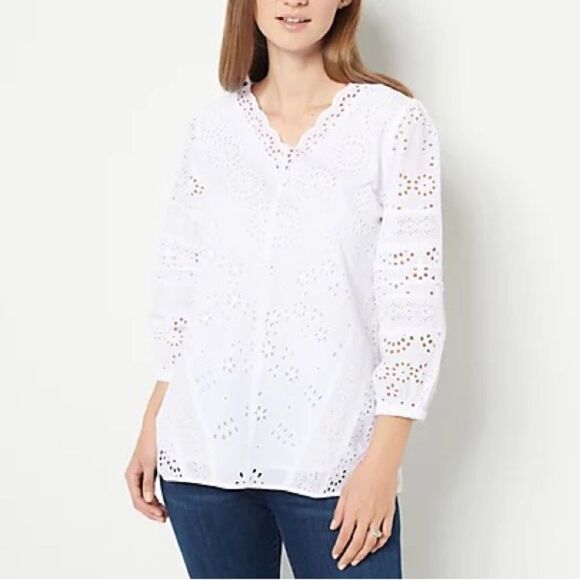 Tolani Collection Long Sleeve Eyelet Top - Picture 1 of 5
